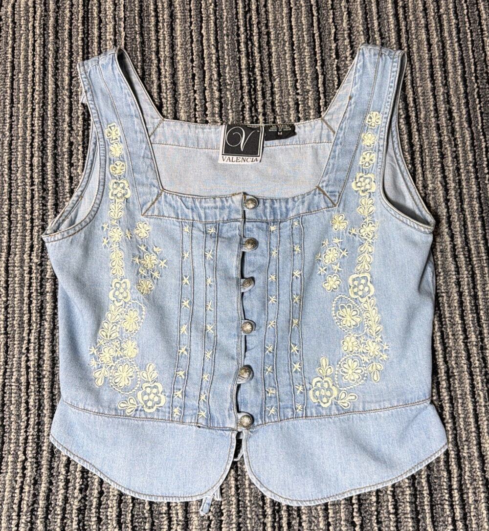 Vintage Valencia Blue Denim Vest Women's M Floral Embroidered Western